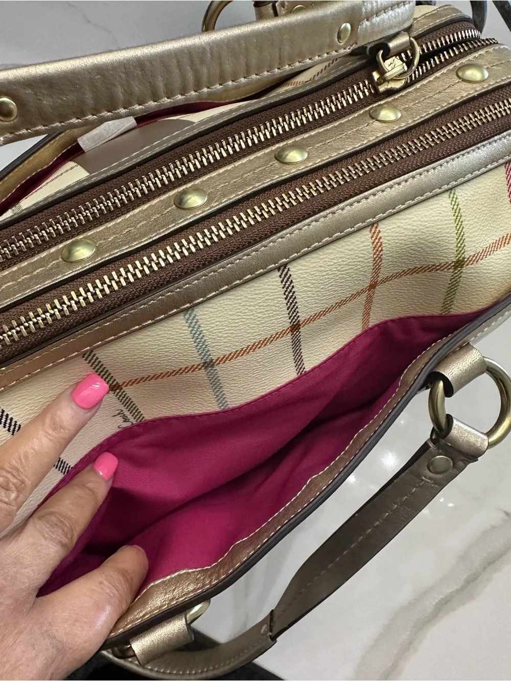 Coach Cream Satchel with Multicolor Plaid Stripes